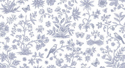 Toile de Jouy Blue Botanical Garden - Vintage Floral Pattern Vector