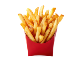 Golden potato sticks in red container french fries, Isolated, Png Transparent Background