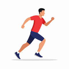 Fototapeta premium Young man running fast in red sportswear, showing strength and energy. Vector flat illustration. 