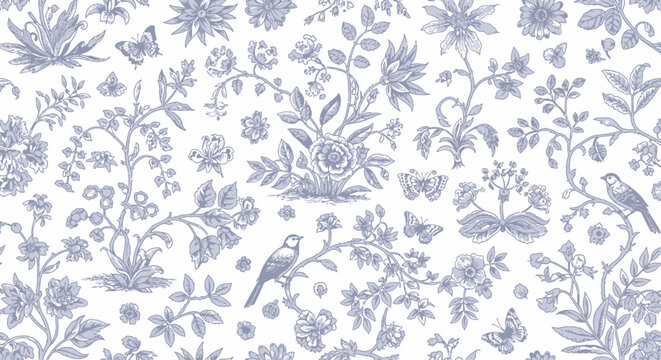 Toile de Jouy Blue Botanical Garden - Vintage Floral Pattern Vector