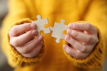 Colorful puzzle pieces held by a child in a cozy setting while exploring shapes and colors in a creative activity