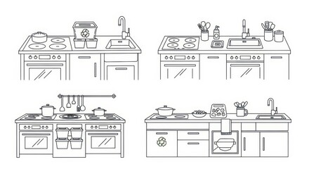 Minimalist Kitchen Counter Line Art Illustration Appliances and Utensils