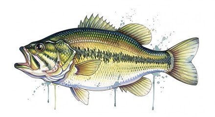 Fototapeta premium Largemouth Bass watercolor, Watercolor style digital painting for graphic design decoration, gifts or print design, animals, fish in water, river, sea, lake life
