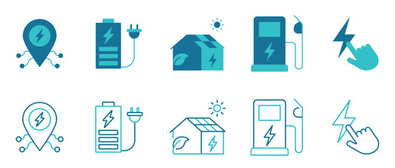 Charging icon set.charging symbols, energy, electricity, solar power, batteries. Vector and illustrator