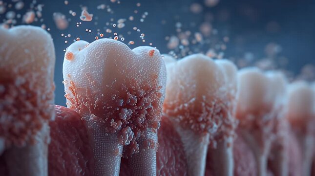 Close-up 3D render of teeth showing plaque buildup and gum inflammation