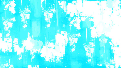 Abstract grunge background featuring a blend of turquoise blue and white paint textures. Bold brush strokes, paint splatters, drips, and rough cross-hatch marks with urban street art.