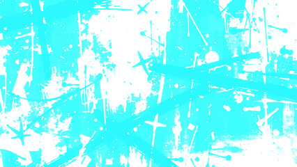 Abstract grunge background featuring a blend of turquoise blue and white paint textures. Bold brush strokes, paint splatters, drips, and rough cross-hatch marks with urban street art.