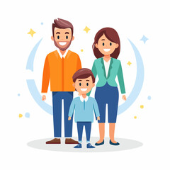 Fototapeta premium Happy family portrait of parents and son standing together. Flat vector illustration of cheerful people.