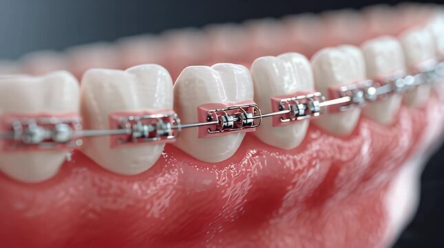 Close-up detailed view of modern dental braces affixed to a realistic human jaw model, demonstrating orthodontic treatment for optimal teeth alignment and a beautiful, healthy smile