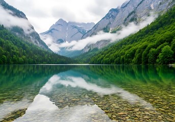 Misty mountains reflected in a clear alpine lake with rocky shore