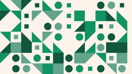 Seamless Pattern of Green Circles Squares and Triangles on a Light Beige Background