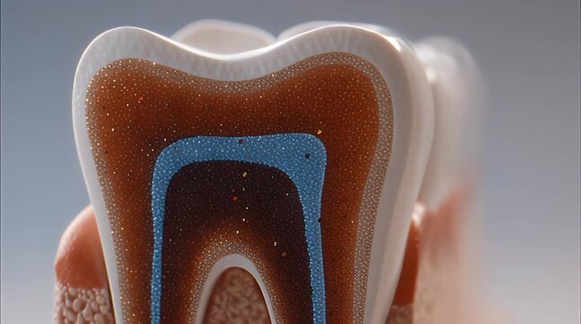 Scientific Visualization of a Human Tooth's Internal Structure, Highlighting Enamel, Dentin, and Pulp Layers for Educational Purposes and Dental Health Understanding
