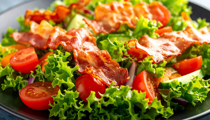 Fresh salad with crispy bacon tomatoes and lettuce on a plate