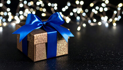 Glittering gift box with blue ribbon against bokeh lights and transparent background