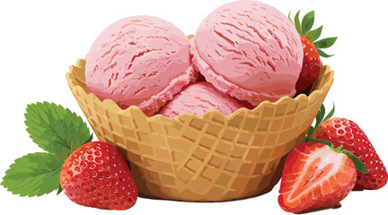 Strawberry ice cream scoops in waffle bowl, fresh strawberries dessert illustration, pink frozen treat with fruit, sweet summer food art, vector graphic design