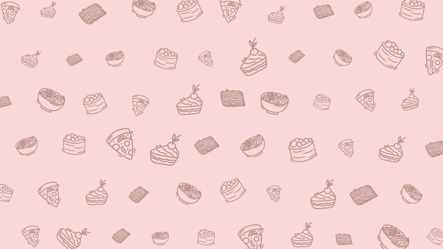 Food pattern animation doodle food seamless repeating background wallpaper suitable for menu design, culinary blogs, restaurant branding, textile prints, and digital backgrounds