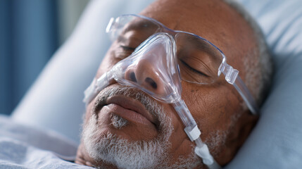 The image shows a man lying in a hospital bed wearing a medical oxygen mask (likely a CPAP or BiPAP device). His eyes are closed, suggesting he is resting, sedated, or in recovery. 