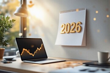 2026 Calendar with Business Growth Chart on Laptop in Modern Workspace