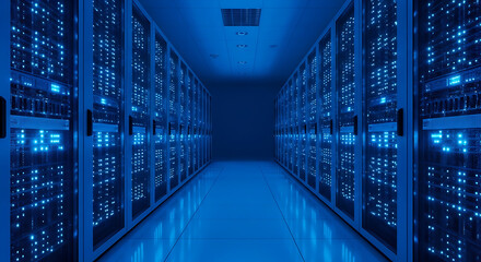 Server room interior with blue lights in data center