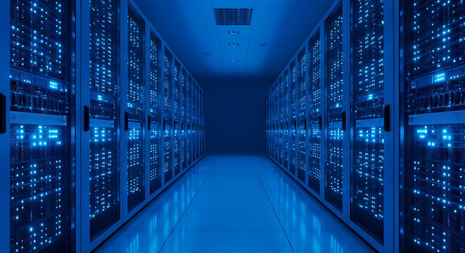 Server room interior with blue lights in data center - Powered by Adobe