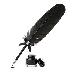 Black Quill Pen and Ink Bottle isolated on a transparent background