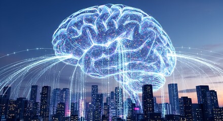 Digital brain glowing with connections over a cityscape at night
