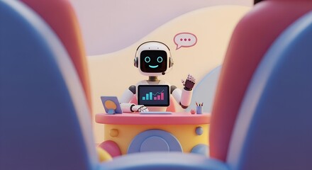 Friendly robot working at a desk with a laptop and charts, communication bubble