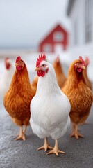 Flock Of Chickens Gathered In A Snowy Backyard With A Red Farmhouse In The Background On A Cold Overcast Day