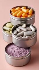 Four Round Silver Metal Tins Stacked Against a Soft Pink Background Each Filled With Different Colored Pills And Powders With Soft Natural Lighting Creating A Clean Pharmaceutical Aesthetic
