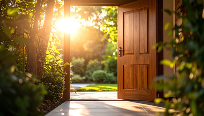 Open wooden door reveals sunlight and greenery inviting access and new possibilities