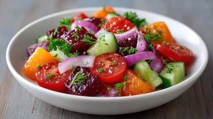 Fresh Mixed Vegetable Salad in White Bowl with Cherry Tomatoes Cucumbers Red Onion and Beets Garnished with Parsley and Dill on a Wooden Table