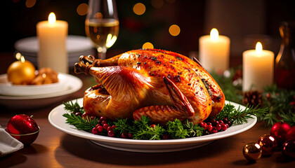 Roasted turkey on a white plate with christmas decorations for a festive meal
