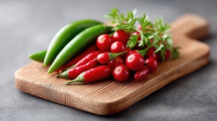 Fresh Red Chilies and Green Peppers Arranged on a Wooden Cutting Board with Parsley Sprigs Overhead Studio Shot Macro Detail