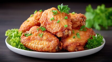 Golden Brown Crispy Fried Chicken Wings Garnished With Fresh Parsley And Lettuce Served On A White Plate With Dark Wooden Background Macro Shot