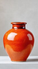 Glossy Rounded Orange Ceramic Vase with Speckled Texture and a Narrow Neck Against a Textured Gray Background with Soft Lighting