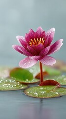 Close-up macro photography of a vibrant pink blooming lotus flower with yellow center surrounded by green lily pads on calm water with soft blue background light.