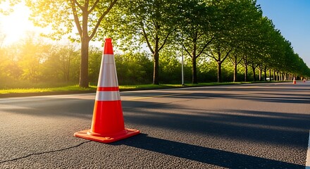 Bright orange traffic cone stands alone on roadway during golden hour sunset