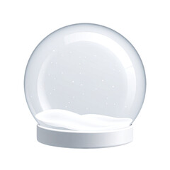 Empty glass snow globe. White snow platform, black background