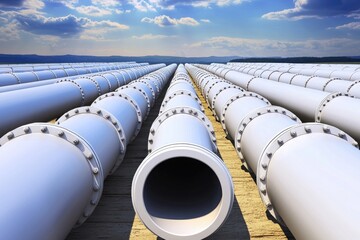 White oil and gas pipes with air tube and industrial tanks under blue sky