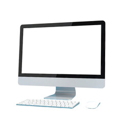 Computer set, white screen, keyboard, and mouse, angled view