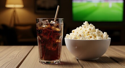Enjoying a movie night with soda and popcorn relaxing home entertainment comfort