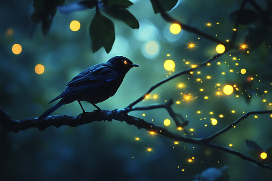 A bird watching curiously as fireflies glow in the branches above  