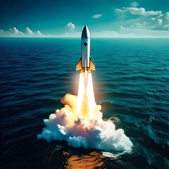 A rocket launches from the sea, leaving a trail of smoke and fire