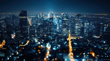 Obraz premium downtown. City skyline at night with bokeh lights captures an abstract urban landscape in atmospheric glow. travel magazines, destination branding, designed for travel destination branding.