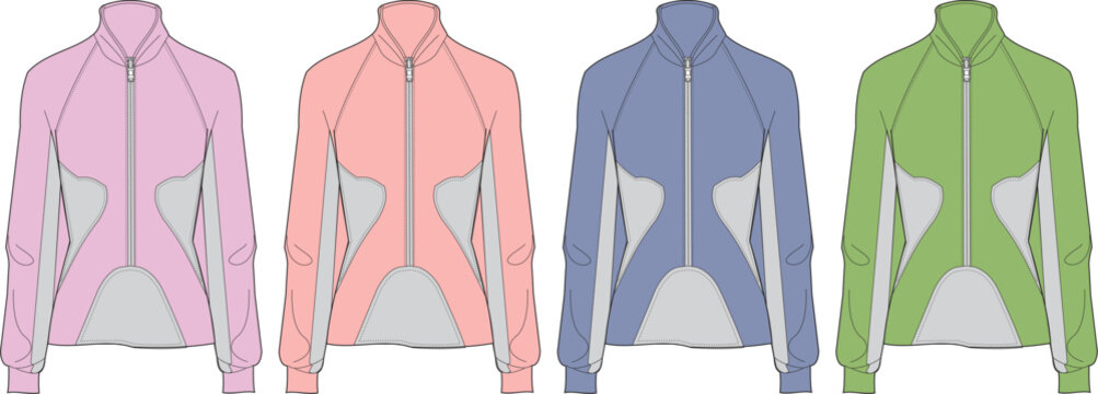 Collection of women's long-sleeve athletic track jackets in various colorways. Technical flat fashion illustration for apparel design and clothing mock-ups