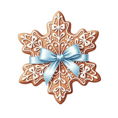 Snowflake Gingerbread Cookie with Blue Ribbon isolated on a transparent background
