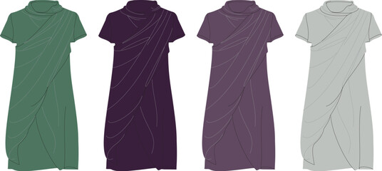 Elegant women's dress fashion flat template with a cowl neck and asymmetrical draped details, shown in a collection of multiple color variations