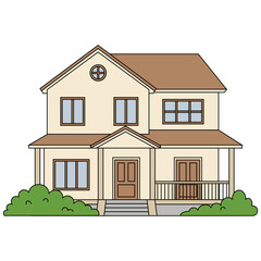 A large two-story house in chai color with a brown roof and a lawn in front of the house.