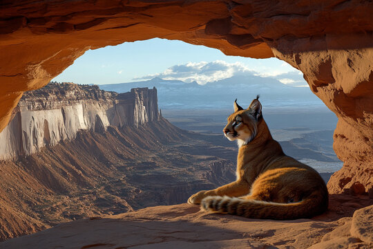 A mountain lion resting beneath a natural arch