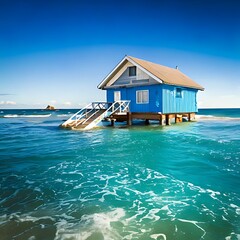A quaint blue coastal cabin stands partially submerged in turquoise water